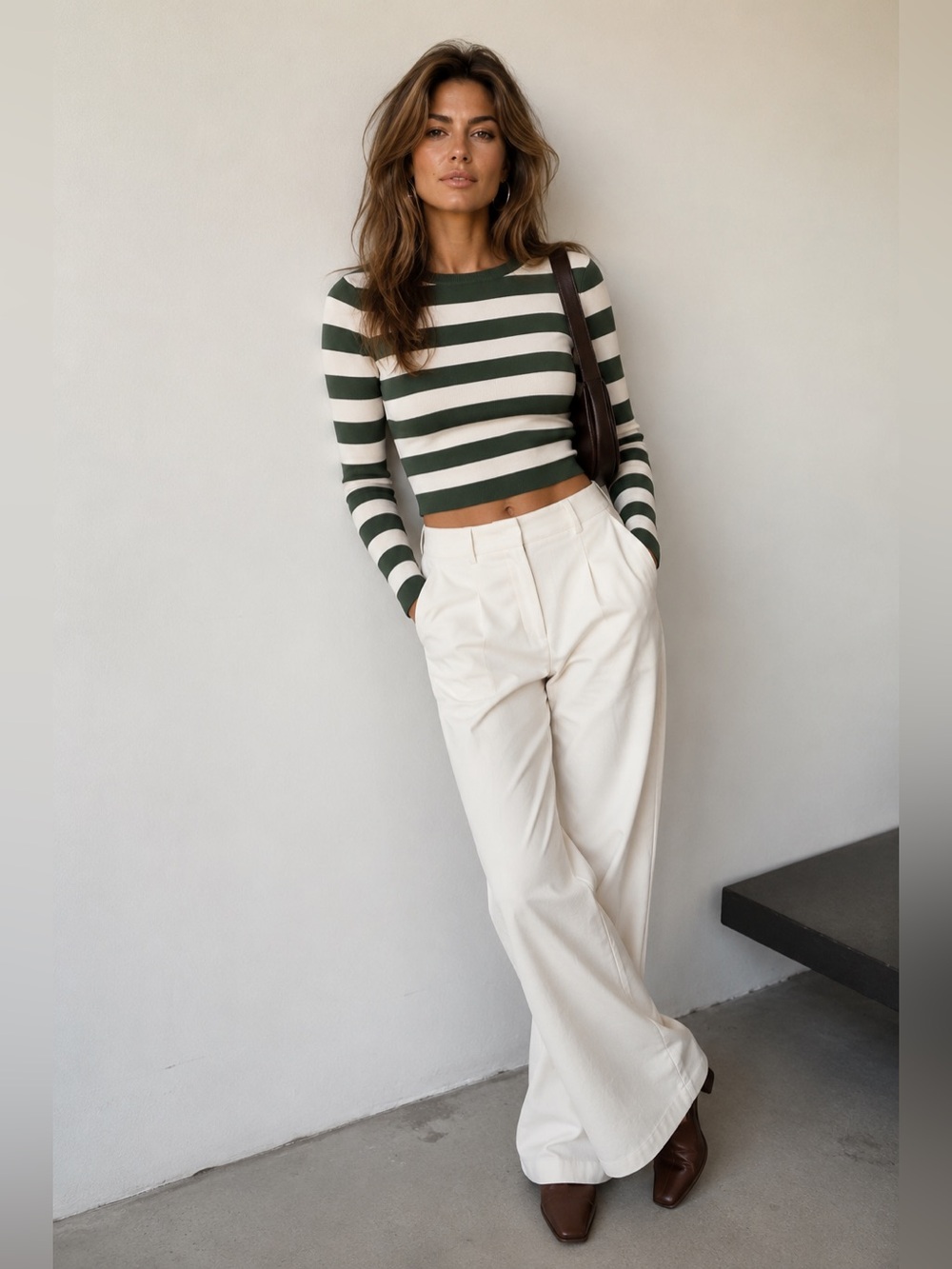 Zara Green & Cream Striped Cropped Sweater Top